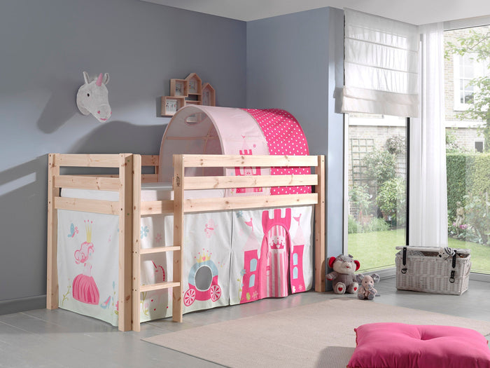 PINO-combinatie: een natuurkleurige PINO hoogslaper , een speelgordijn princess en een tunnel princess