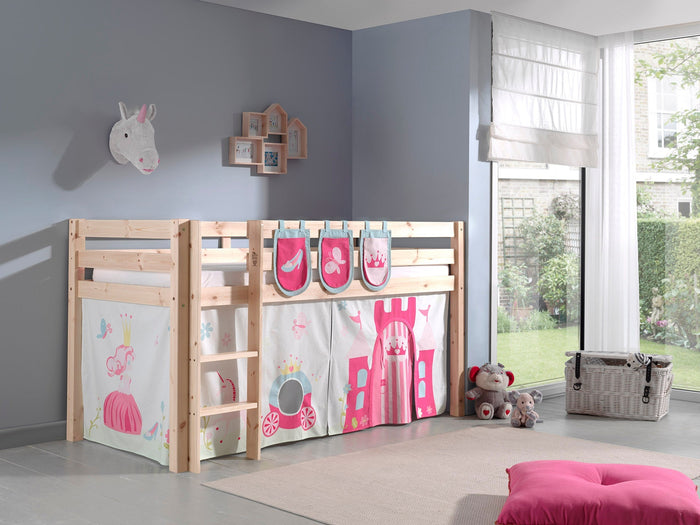 PINO-combinatie: een natuurkleurige PINO hoogslaper , een speelgordijn princess en 3 zakjes princess