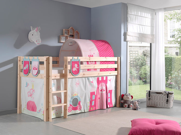 PINO-combinatie: een natuurkleurige PINO hoogslaper , een speelgordijn princess, 3 zakjes princess en een tunnel princess