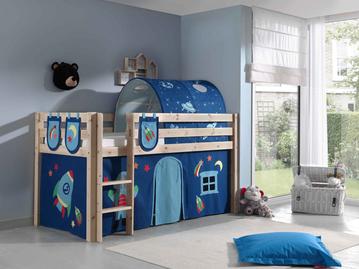 PINO-combinatie: een natuurkleurige PINO hoogslaper , een speelgordijn astro, 3 zakjes astro en een tunnel astro