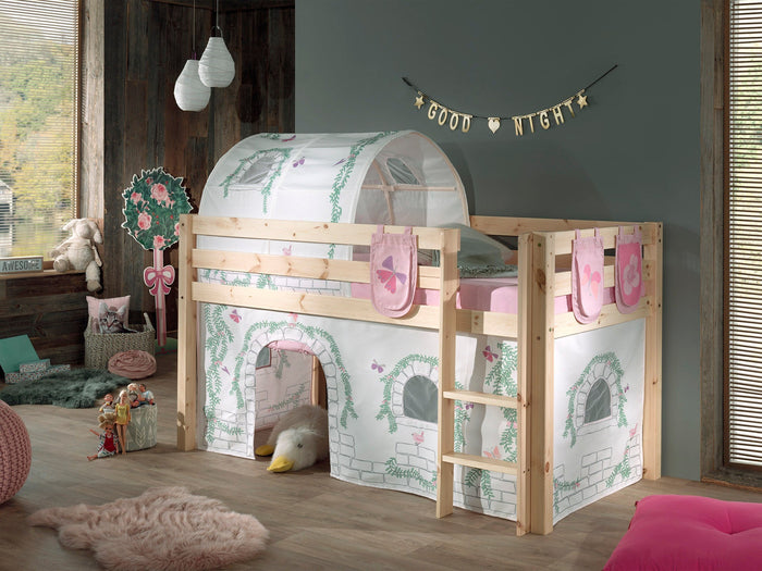 PINO-combinatie: een natuurkleurige PINO hoogslaper , een speelgordijn birdy, zakjes 3 stuks birdy en een tunnel birdy