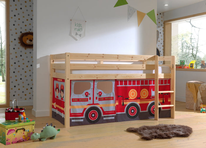 PINO-combinatie: een natuurkleurige PINO hoogslaper en een speelgordijn fire truck