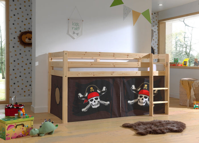 PINO-combinatie: een natuurkleurige PINO hoogslaper en een speelgordijn caribian pirates