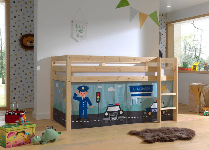 PINO-combinatie: een natuurkleurige PINO hoogslaper en een speelgordijn police