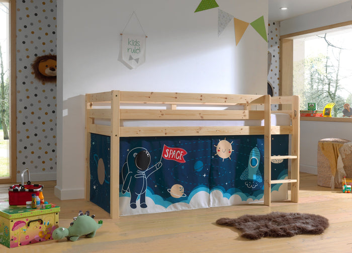 PINO-combinatie: een natuurkleurige PINO hoogslaper en een speelgordijn Space shuttle