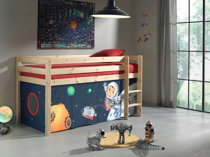 PINO-combinatie: een natuurkleurige PINO hoogslaper en een speelgordijn Space