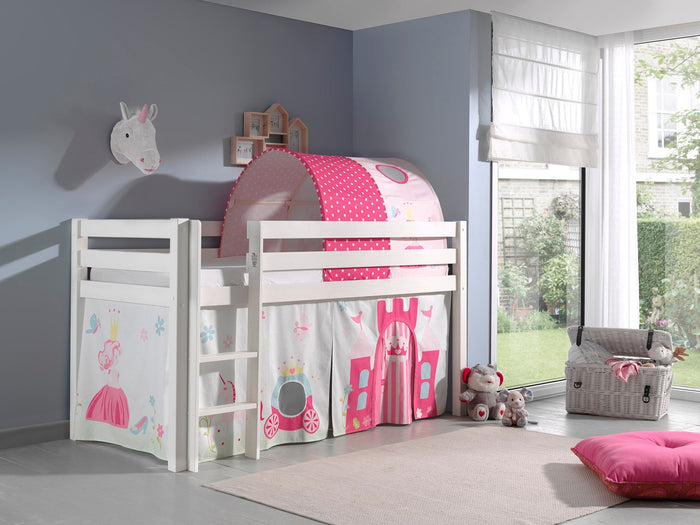 PINO-combinatie: een witte PINO hoogslaper , een speelgordijn princess en een tunnel princess