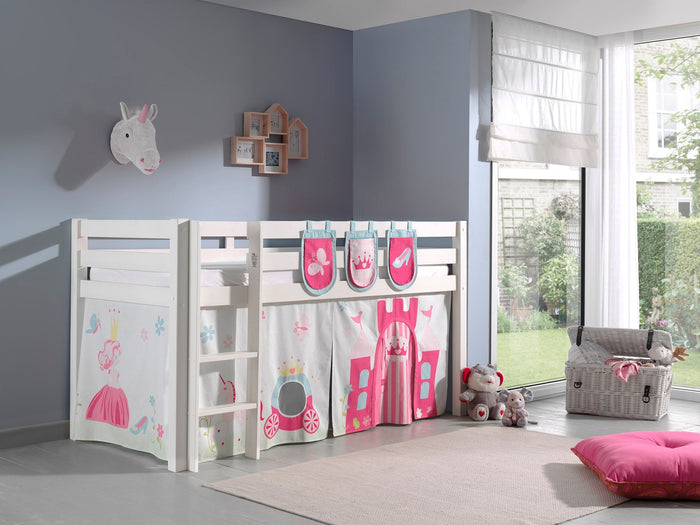 PINO-combinatie: een witte PINO hoogslaper , een speelgordijn princess en 3 zakjes princess