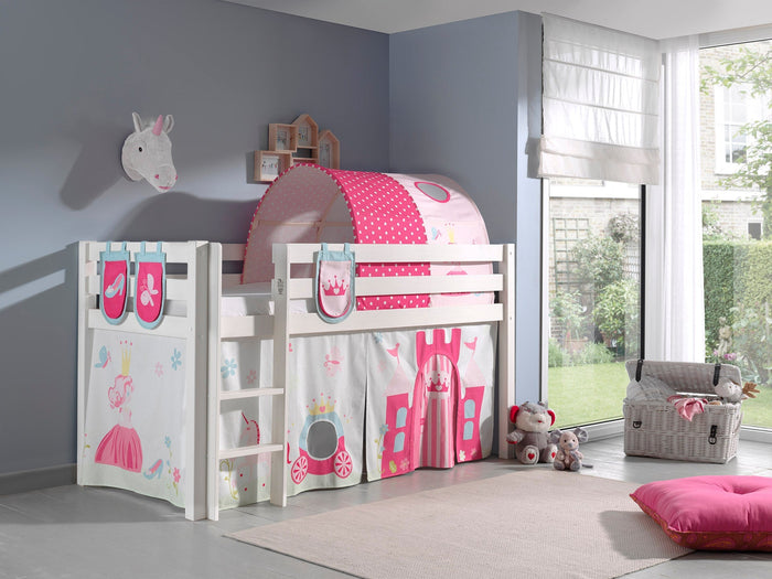 PINO-combinatie: een witte PINO hoogslaper , een speelgordijn princess, 3 zakjes princess en een tunnel princess