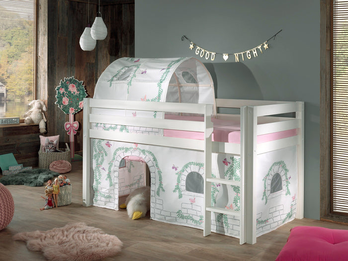 PINO-combinatie: een witte PINO hoogslaper , een speelgordijn birdy en een tunnel birdy