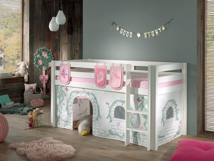 PINO-combinatie: een witte PINO hoogslaper , een speelgordijn birdy en zakjes 3 stuks birdy