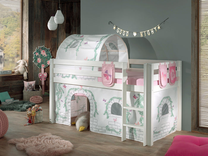 PINO-combinatie: een witte PINO hoogslaper , een speelgordijn birdy, zakjes 3 stuks birdy en een tunnel birdy