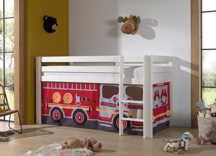 PINO-combinatie: een witte PINO hoogslaper en een speelgordijn fire truck