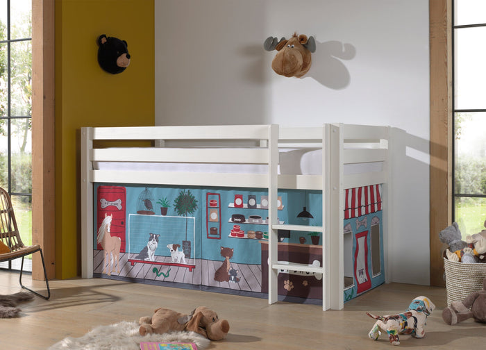 PINO-combinatie: een witte PINO hoogslaper en een speelgordijn pet shop