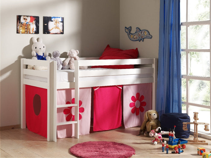PINO-combinatie: een witte PINO hoogslaper en een speelgordijn pink flower