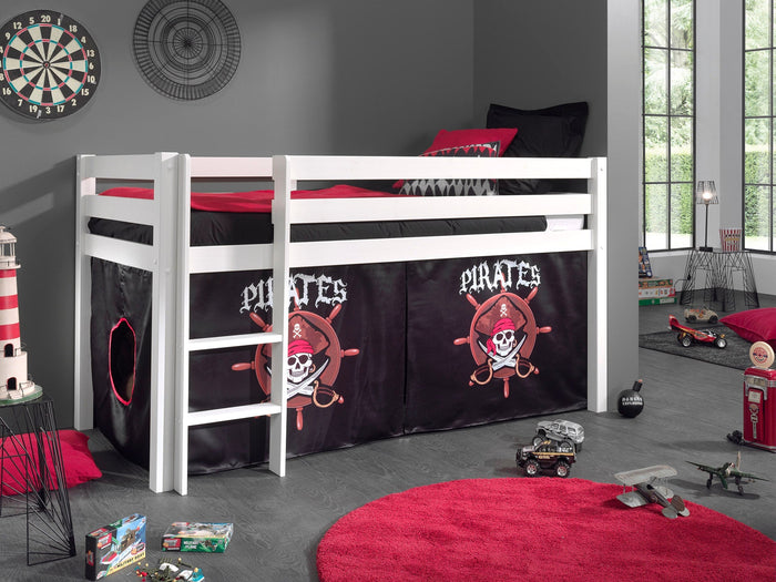 PINO-combinatie: een witte PINO hoogslaper en een speelgordijn pirates