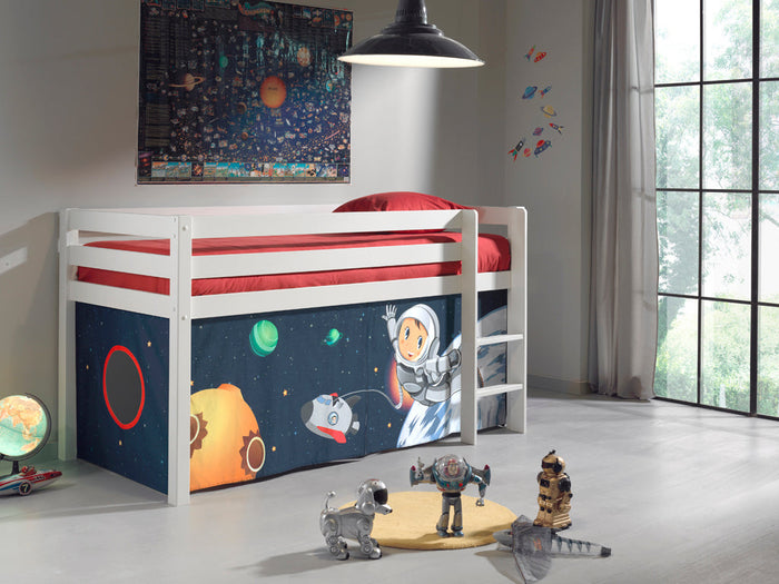 PINO-combinatie: een witte PINO hoogslaper en een speelgordijn Space