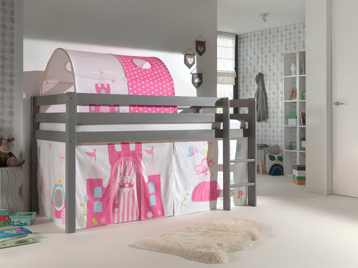 PINO-combinatie: een grijze PINO hoogslaper , een speelgordijn princess en een tunnel princess