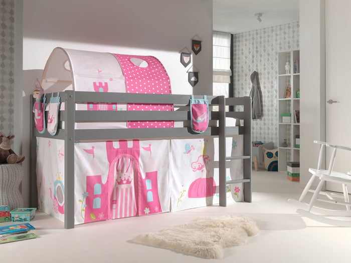 PINO-combinatie: een grijze PINO hoogslaper , een speelgordijn princess, 3 zakjes princess en een tunnel princess