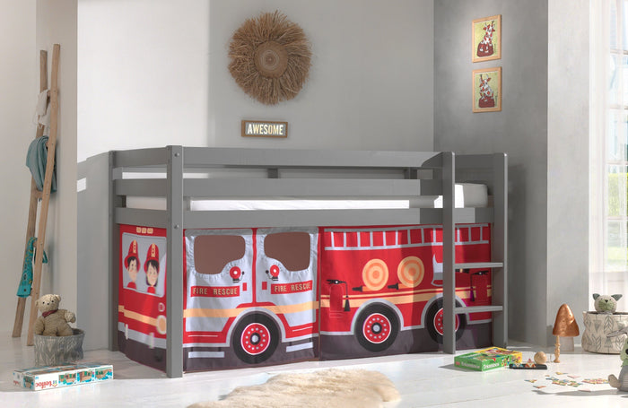 PINO-combinatie: een grijze PINO hoogslaper en een speelgordijn fire truck