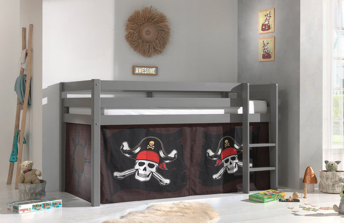 PINO-combinatie: een grijze PINO hoogslaper en een speelgordijn caribian pirates