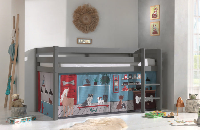 PINO-combinatie: een grijze PINO hoogslaper en een speelgordijn pet shop