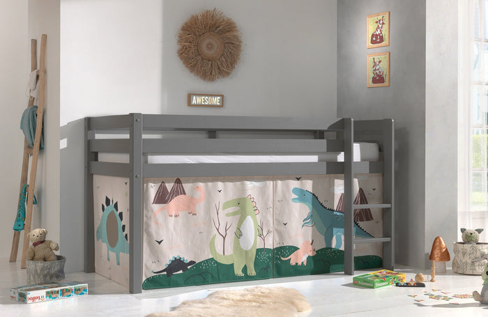 PINO-combinatie: een grijze PINO hoogslaper en een speelgordijn dino