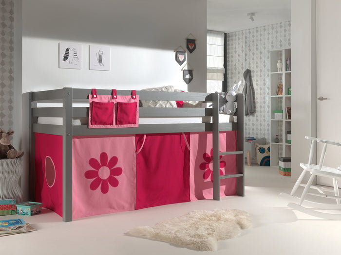 PINO-combinatie: een grijze PINO hoogslaper en een speelgordijn pink flower