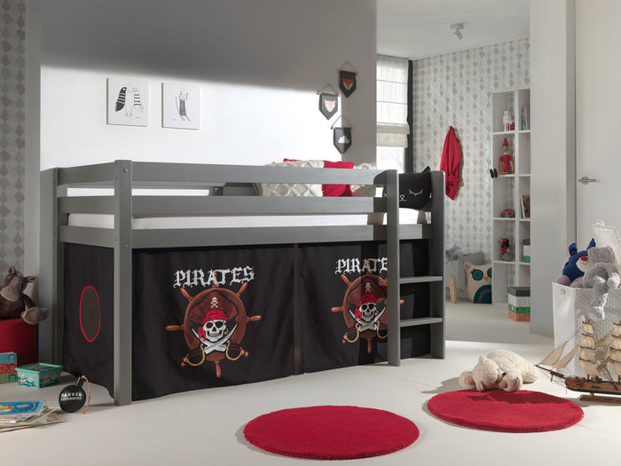 PINO-combinatie: een grijze PINO hoogslaper en een speelgordijn pirates