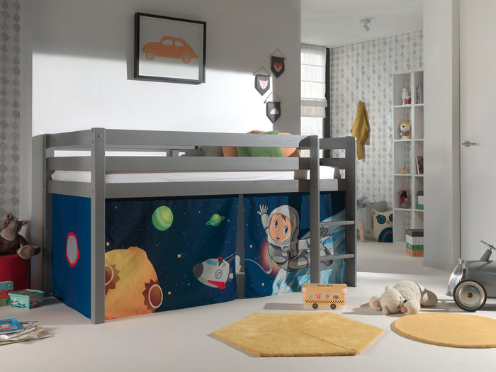 PINO-combinatie: een grijze PINO hoogslaper en een speelgordijn Space