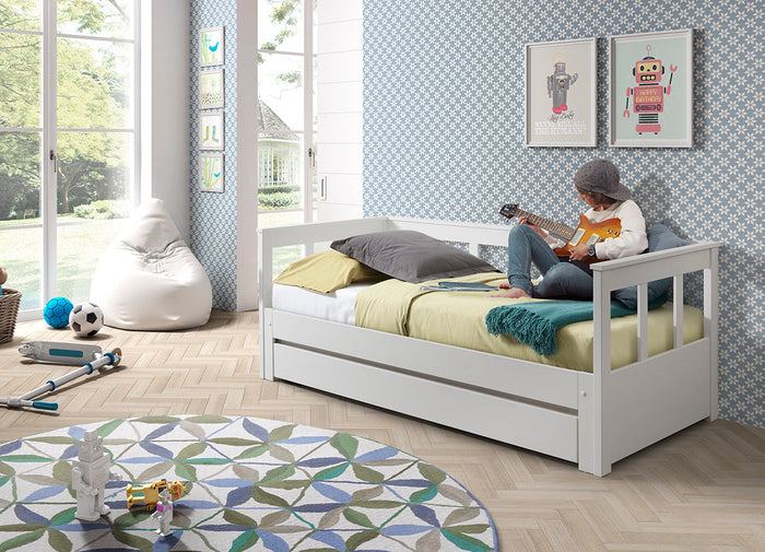 PINO-combinatie: een PINO uitschuif-kajuitbed wit en een PINO lade uitschuif-kajuitbed wit