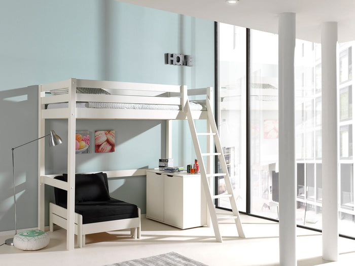 PINO-combinatie: een PINO mezzanine 90x200cm wit , een PINO kommode met 2 deuren en een PINO zetelbed wit