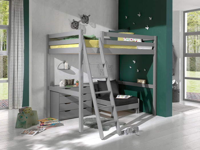 PINO-combinatie: een grijze PINO mezzanine, een PINO kommode 4 laden en een PINO zetelbed