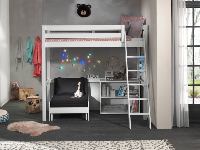 PINO-combinatie: een witte PINO mezzanine (90x200cm), een PINO boekenkast en een PINO zetelbed