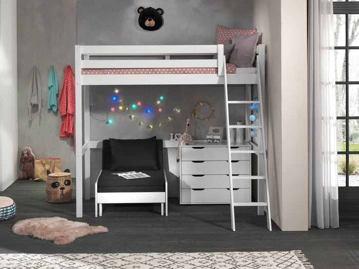 PINO-combinatie: een witte PINO mezzanine (90x200cm), een PINO kommode met 4 laden en een PINO zetelbed