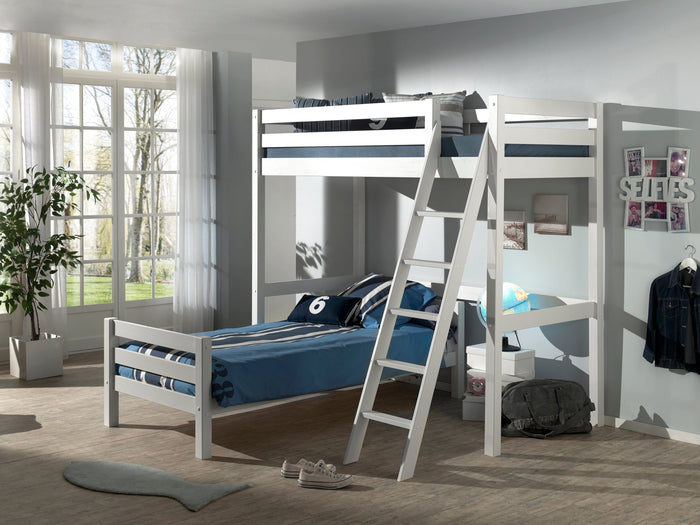 PINO-combinatie: een witte PINO mezzanine (90x200cm) en een wit PINO enkel bed 90x200cm