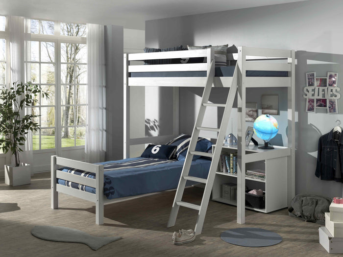 PINO-combinatie: een wit PINO mezzanine (90x200cm), een wit PINO enkel bed 90x200cm en een PINO boekenkast