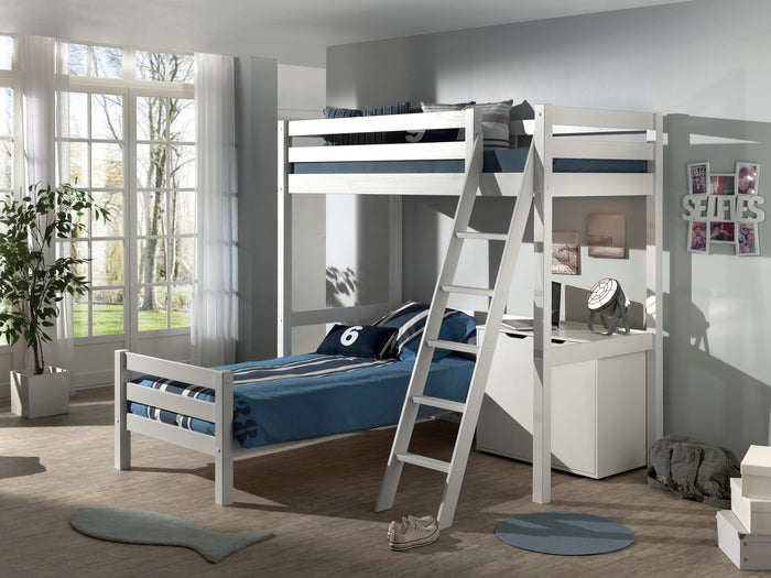 PINO-combinatie: een wit PINO mezzanine (90x200cm), een wit PINO enkel bed 90x200cm en een PINO kommode met 2 deuren