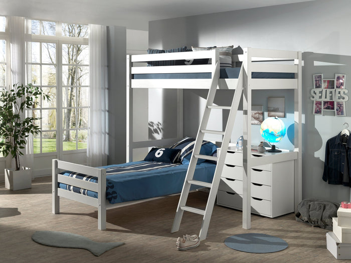 PINO-combinatie: een wit PINO mezzanine (90x200cm), een wit PINO enkel bed 90x200cm en een PINO kommode met 4 laden
