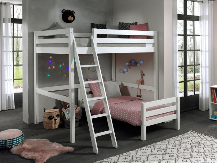 PINO-combinatie: een witte PINO mezzanine en een PINO enkel bed 90x200cm wit