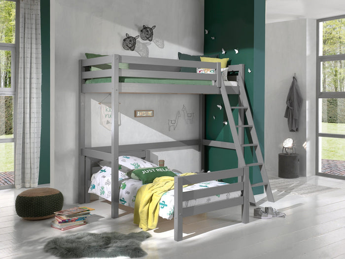 PINO-combinatie: een grijze PINO mezzanine (90x200cm) en een PINO enkel bed