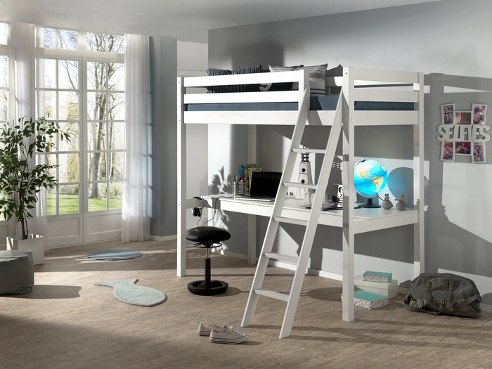 PINO-combinatie: een witte PINO mezzanine (90x200cm) en een PINO bureaublad