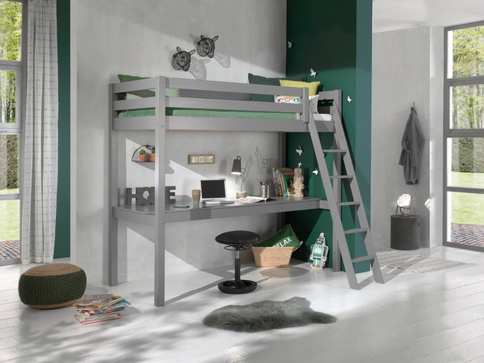 PINO-combinatie: een grijze PINO mezzanine (90x200cm) en een PINO bureaublad