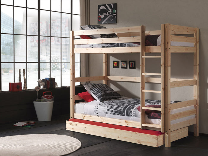 PINO-combinatie: een PINO stapelbed in natuur gelakt en een PINO rolbed 90x195cm natuur