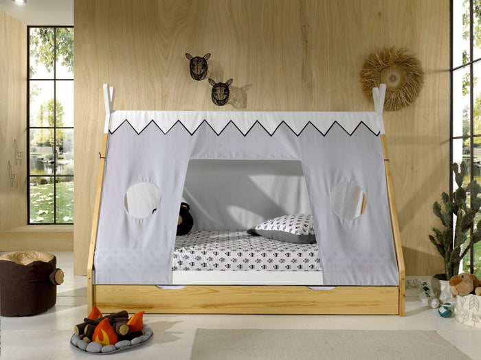 TIPI combinatie: het verhoogde TIPI bed (90 x 200 cm), natuurkleurige bedlade en bijhorende textielset.