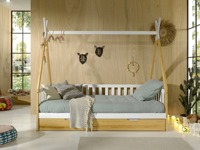 TIPI combinatie: het verhoogde TIPI bed (90 x 200 cm) met hekje en natuurkleurige bedlade.