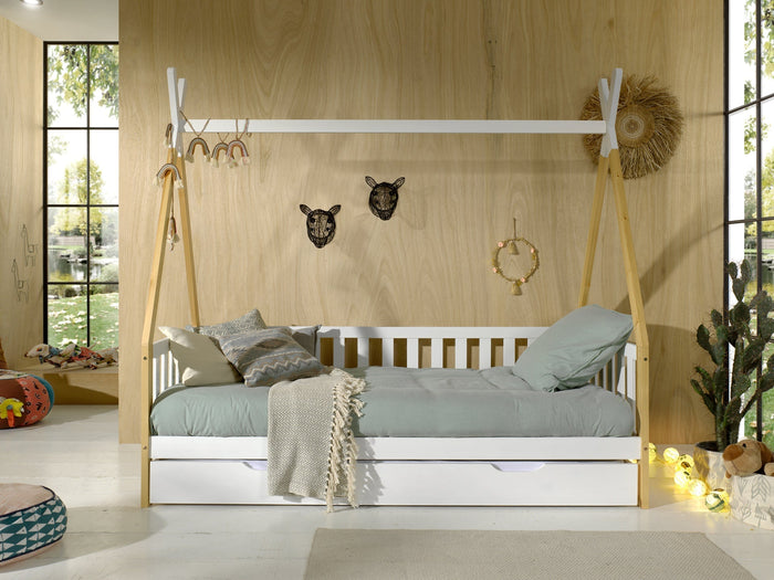 TIPI combinatie: het verhoogde TIPI bed (90 x 200 cm) met hekje en witte bedlade.