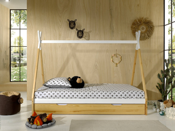 TIPI combinatie: het verhoogde TIPI bed (90 x 200 cm) en natuurkleurige bedlade.