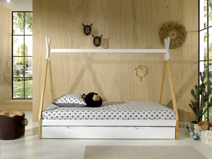 TIPI combinatie: het verhoogde TIPI bed (90 x 200 cm) en witte bedlade.